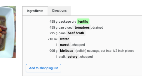Recipe ingredient list with ’lentils’ highlighted